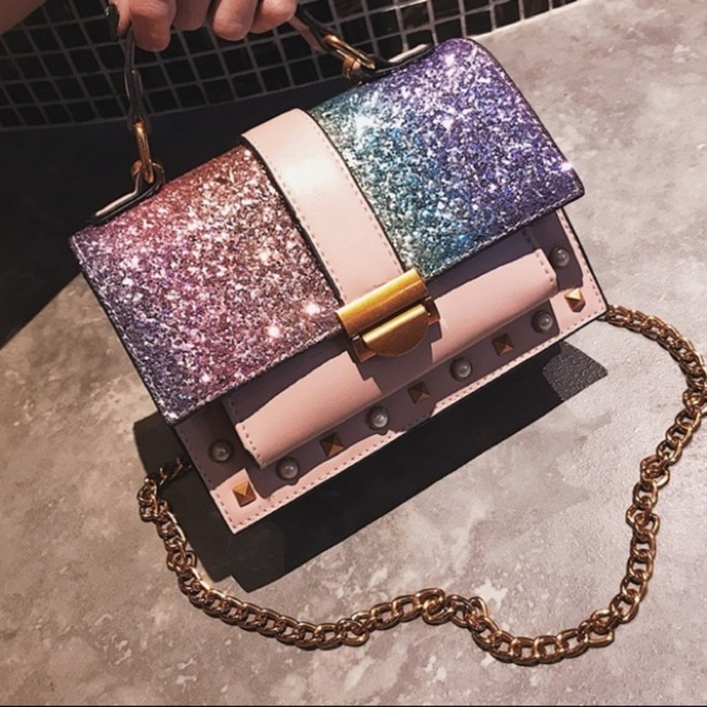 Rainbow sequin crossbody bag with chain